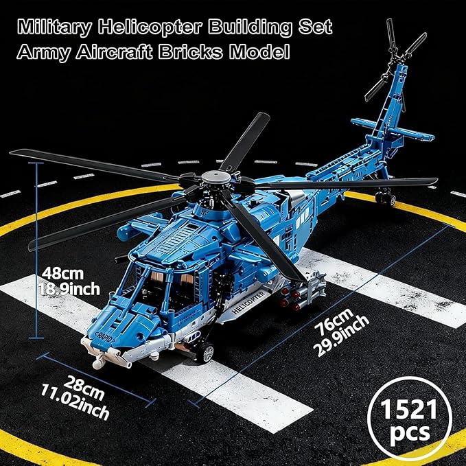 Military Helicopter Building Blocks Set 1521PCS Army Airplane Bricks Model–Air Force Utility Helicopter Toy with Rotating Blades Detailed Cockpit Tactical Gear–Collectible Gift for Boys Teen Adults