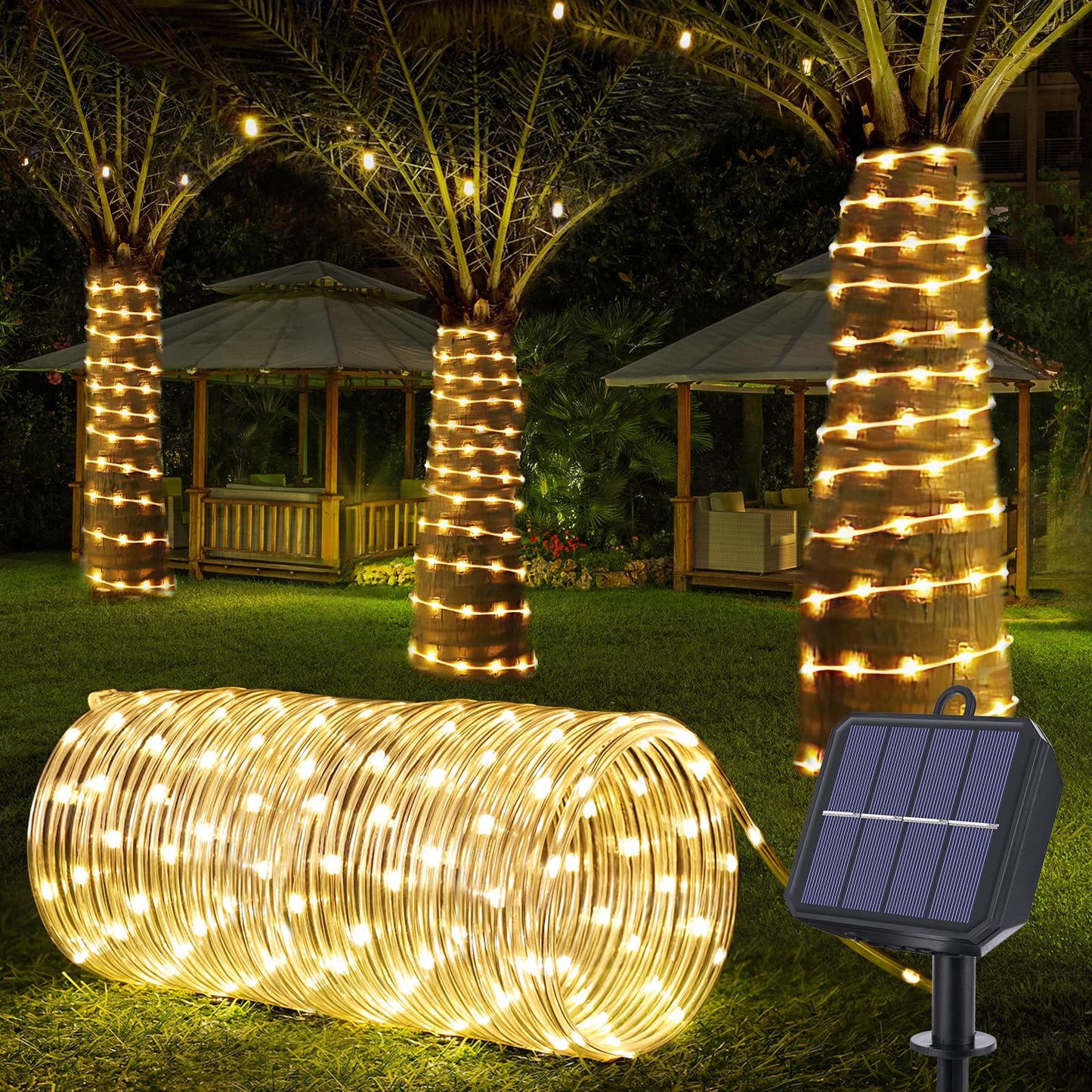 Solar Rope Lights, 66ft 200LED Solar String Lights, 8 Modes Waterproof Solar Powered Outdoor Light, Flexible Clear Tube Light for Garden, Backyard, Patio, Deck, Porch, Pool, Tree Decor - Warm White