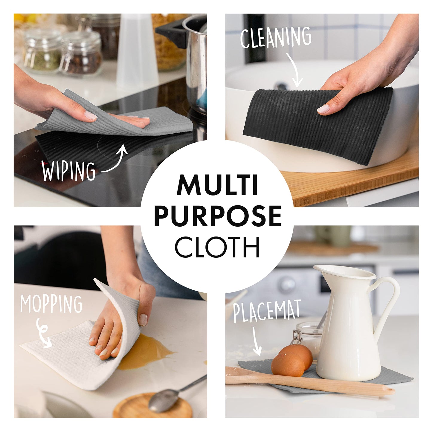 SUPERSCANDI 10 Pack Swedish Dishcloths for Kitchen - 100% Biodegradable & Compostable Reusable Paper Towels Washable, Food-Safe & Without Plastic - Dish Rags Suitable for Any Surface, Grey