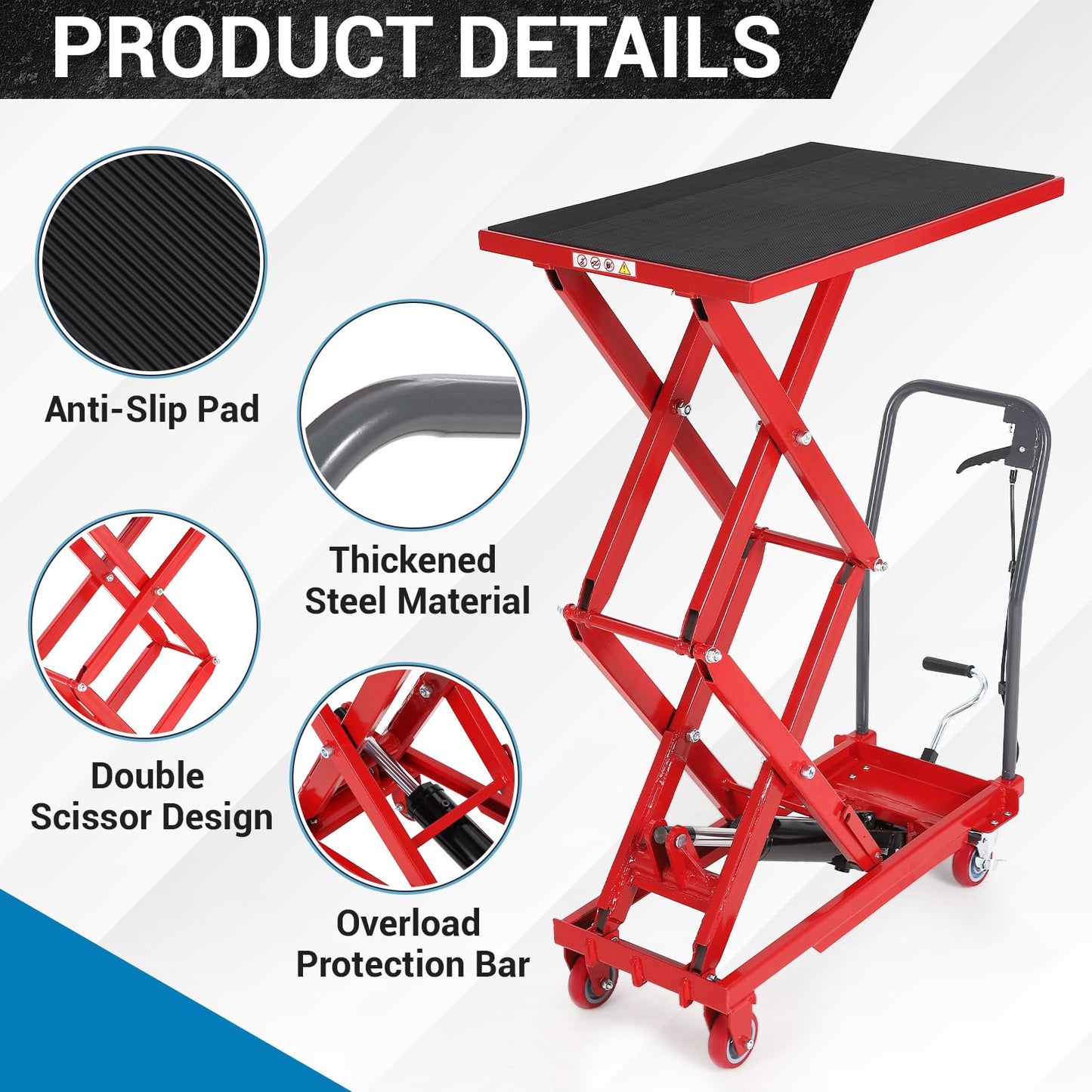 Hydraulic Lift Table Cart, 770lbs Capacity 50" Lifting Height Hydraulic Table Cart, Double Scissor Lift with Non-Slip Pad for Material Handling and Transportation, Red