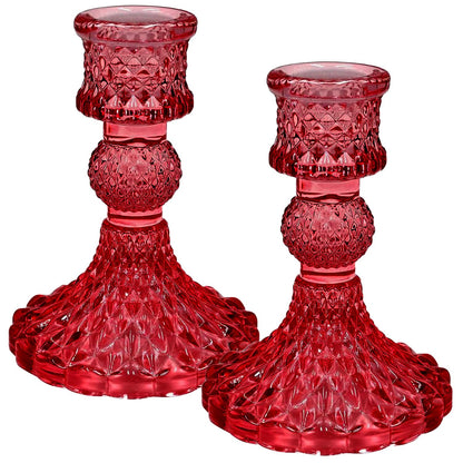 Glass Candlestick Holders Set of 2，Taper Candle Holders Fit 0.8 Inch Candles, Crystal Decorative Candle Stand Centerpiece for Table Wedding Dinning Party 4 Inch Tall (Red)