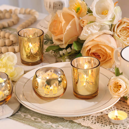 Lanttu Gold 12 PCS Combination Tea Lights Candle Holder Decorative with Butterfly Pattern, Votive Candle Holders for Wedding, Birthday, Anniversary, Parties, and Holiday Decorations