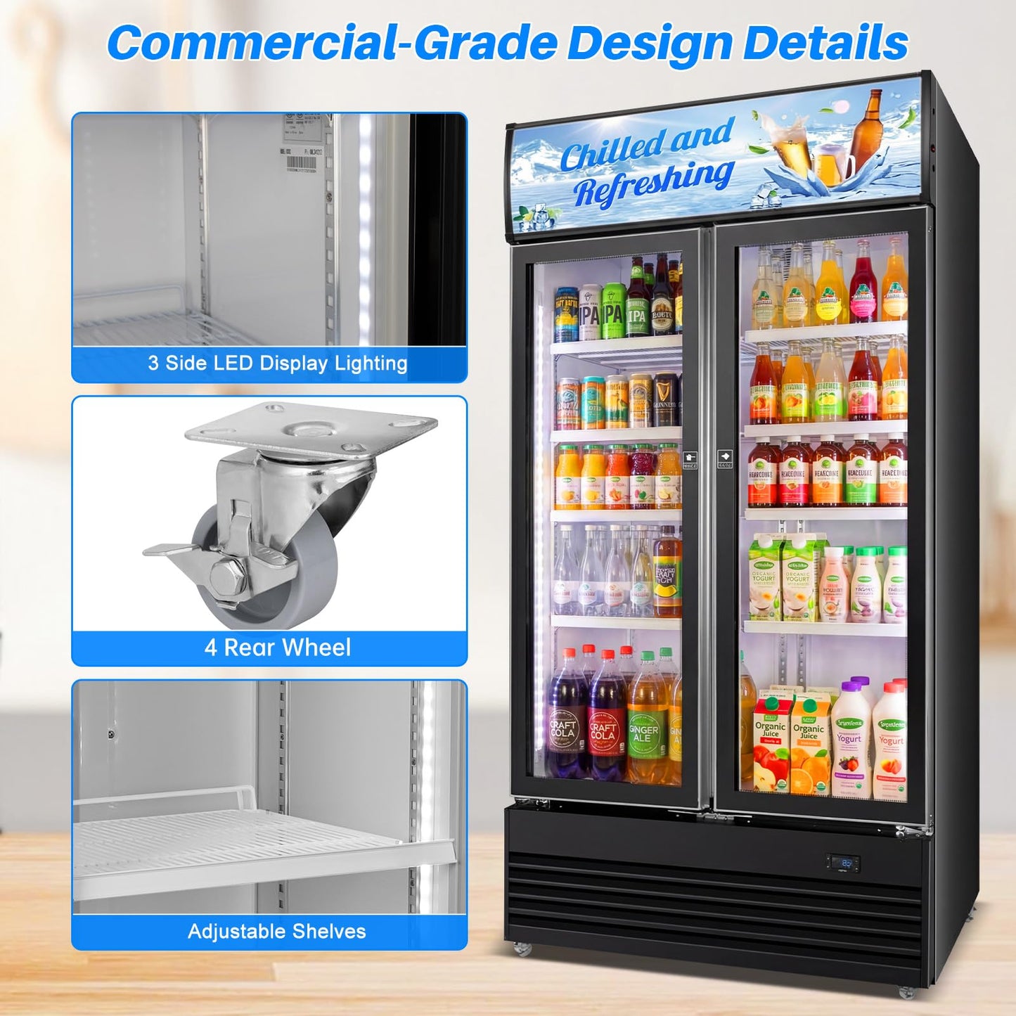 Velivi Commercial Display Beverage Fridge, 40″ Double Glass Door Refrigerator, 28.1 Cu.Ft Large Capacity with 8 Adjustable Shelves, Upright Cooler for Shop, Bar & Restaurant