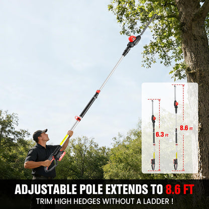 EWORK 20V Cordless Pole Hedge Trimmer with 2 Batteries and Charger, 18-Inch Blade Pole Trimmer, 6.3Ft-8.6Ft Extended Reach, 11-Angle Pivoting Head, Lightweight 6 LBS Battery Powered Bush Shrub Cutter