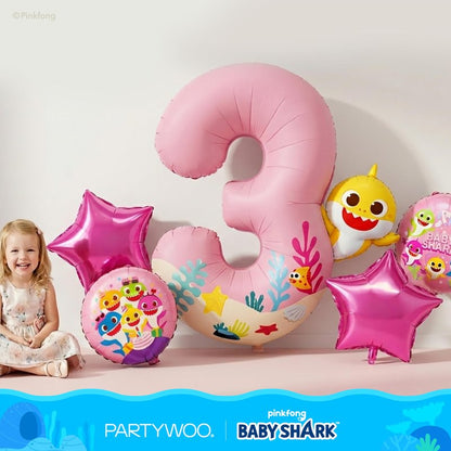 PartyWoo Baby Shark Pink Foil Number 3 Balloon 5pcs 40 18 Inch Pink Round Star Mylar Helium Birthday Balloons for Boys and Girls Baby Shark Under the Sea Ocean Kids Third Birthday Party Decorations