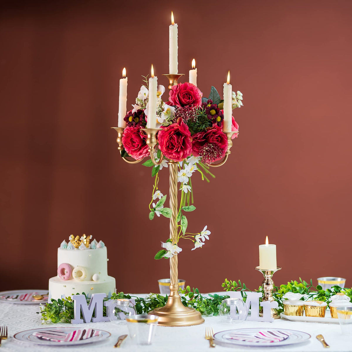 Sziqiqi 28In Floor Candelabra Tall Taper Candlestick for Candle and Floral Metal Candle Holders Table Centerpiece for Wedding Party Event Room