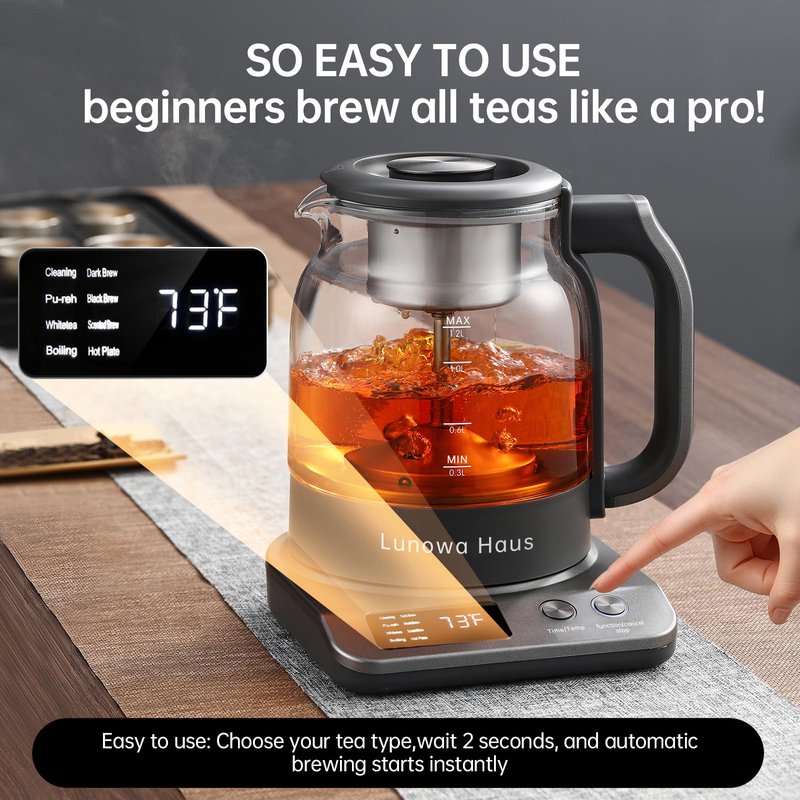 Lunowa Haus 120V Titanium & Glass Electric Tea Kettle, Pro Steam Extraction for All Teas (Green, Black, Oolong), 11 Temp & 10 Strength Levels, 1.2L, 12H Keep Warm, BPA-Free, 2 Infusers