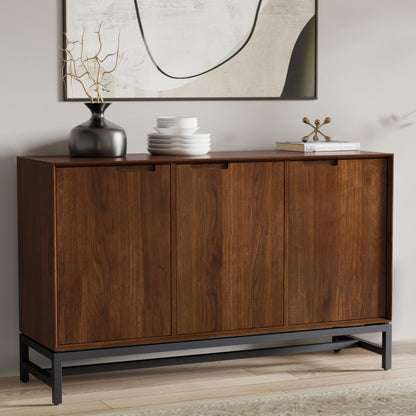 SIMPLIHOME Banting Buffet - 58 inch Wide Solid Wood 3-Door Sideboard Buffet in Natural Walnut, Mid-Century Modern Cabinet for Dining Room or Kitchen with Adjustable Shelves and Metal Base
