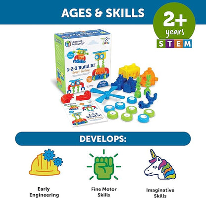 Learning Resources 1-2-3 Build It! Robot Factory - Building Toys Early Engineering and Science STEM Activities Fine Motor Skills Toddler Explorer Kit Construction Bots Boys and Girls Gifts