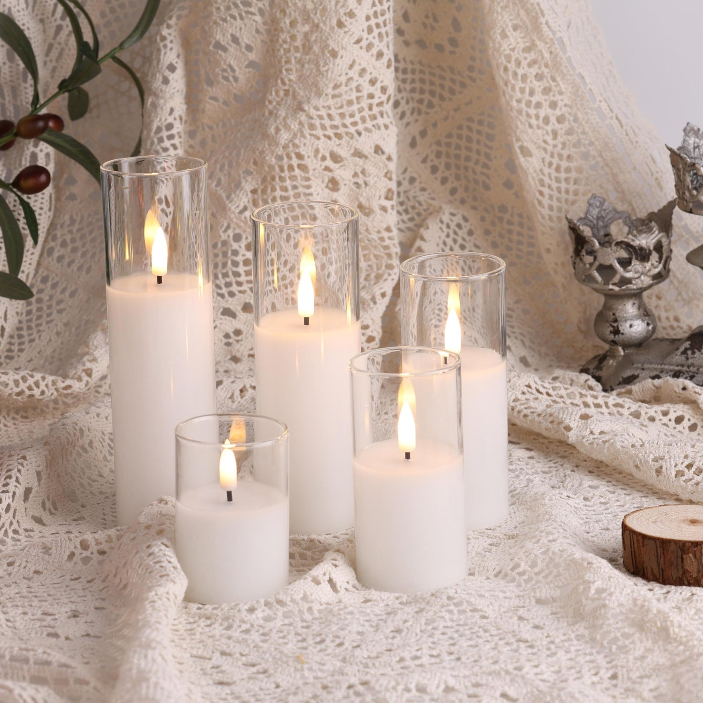 Eywamage Clear Glass Flameless Candles with Remote Batteries, Slim Tall LED Pillar Candles Battery Powered, Set of 5