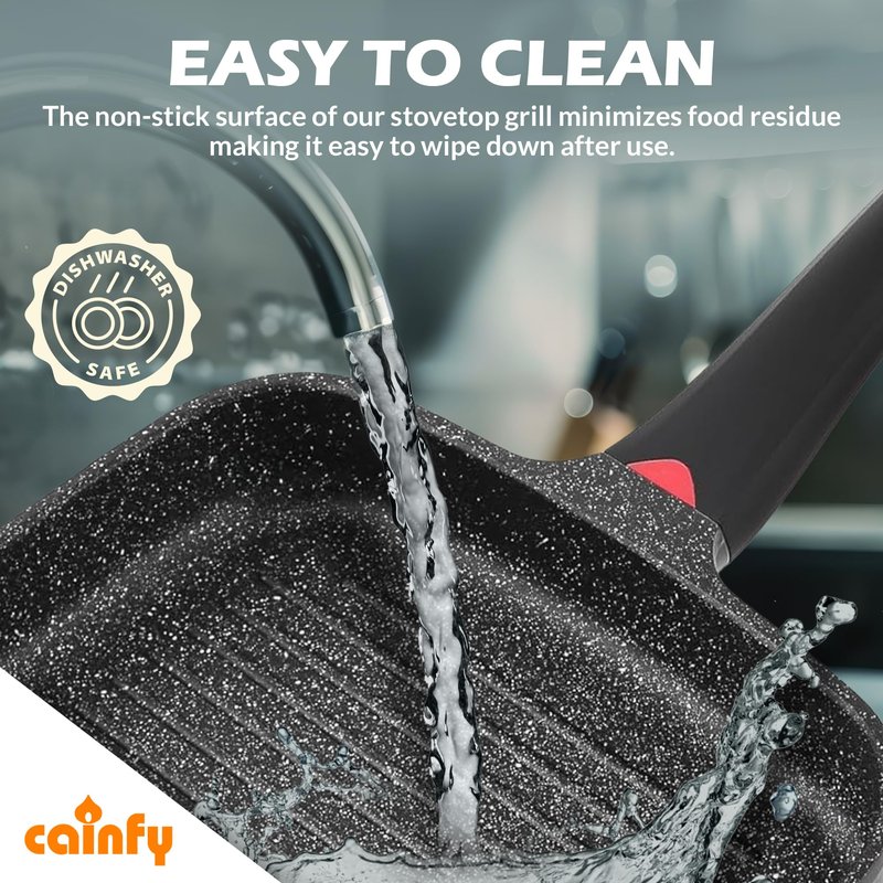 CAINFY 11 Inch Non Stick Grill Pan Granite Coated with Pour Spout - Lightweight 2.66 Quart Grill Pan for Indoor Cooking with Grip Handle - Induction Compatible PFOA Free Stove Top (Black)