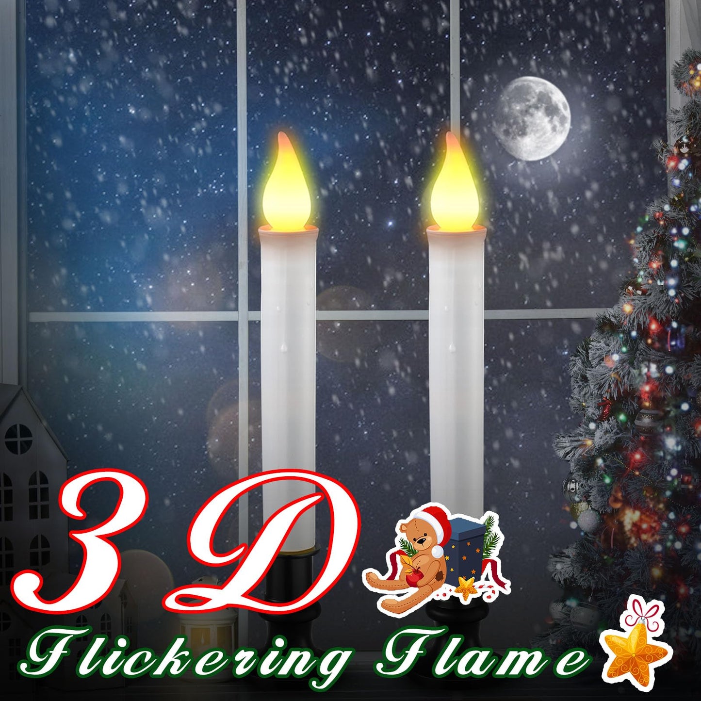 Baquler 8 Pcs Christmas LED Window Candles with Sensor Dusk to Dawn Light Sensor 9.37 Inches Cordless Flameless Battery Taper Candles with Flickering Amber Flame for Xmas Home Decor(Black)