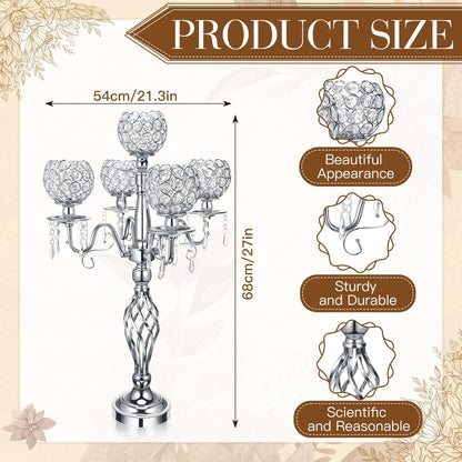 Nitial 4 Pcs 5 Arm Crystal Candelabra Centerpieces for Table 27 Inch Retro Victorian Crystal Candle Holders Bowl Table Centerpieces Decor for Wedding Banquet Valentine Dinner Party Event (Silver)