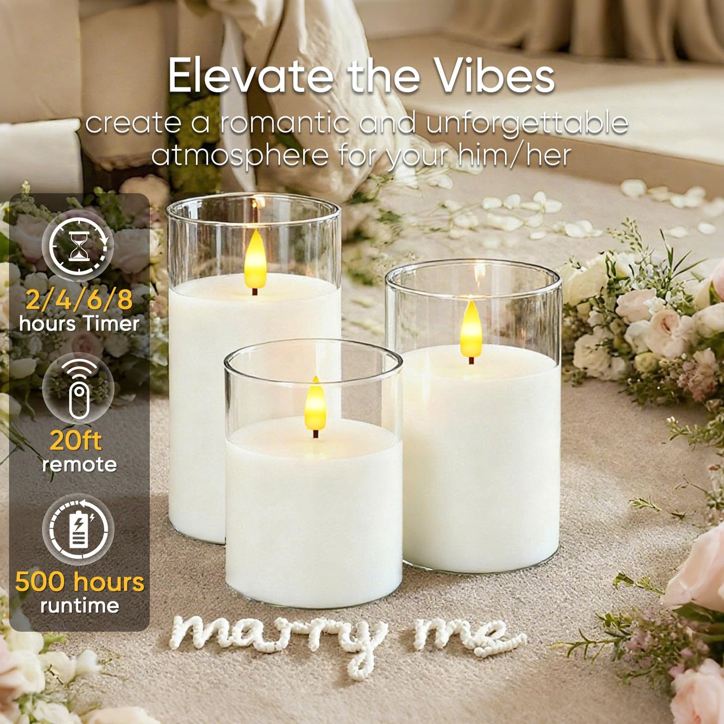 5plots Glass Battery Operated White Flameless Candles with Remote Timer, 3D Wick Real Wax Pillar Led Candles Warm Flickering Light for Indoor Home, Halloween, Christmas Decor, Set of 3, D3 x H4 5" 6"