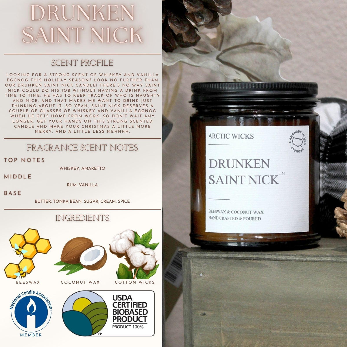 Arctic Wicks Scented Coconut Beeswax Candles | Coconut Beeswax Non Toxic Candle 9oz Amber | Farmhouse Candles Non-Toxic Clean Burn 100% USDA Certified Biobased (Drunken Saint Nick)