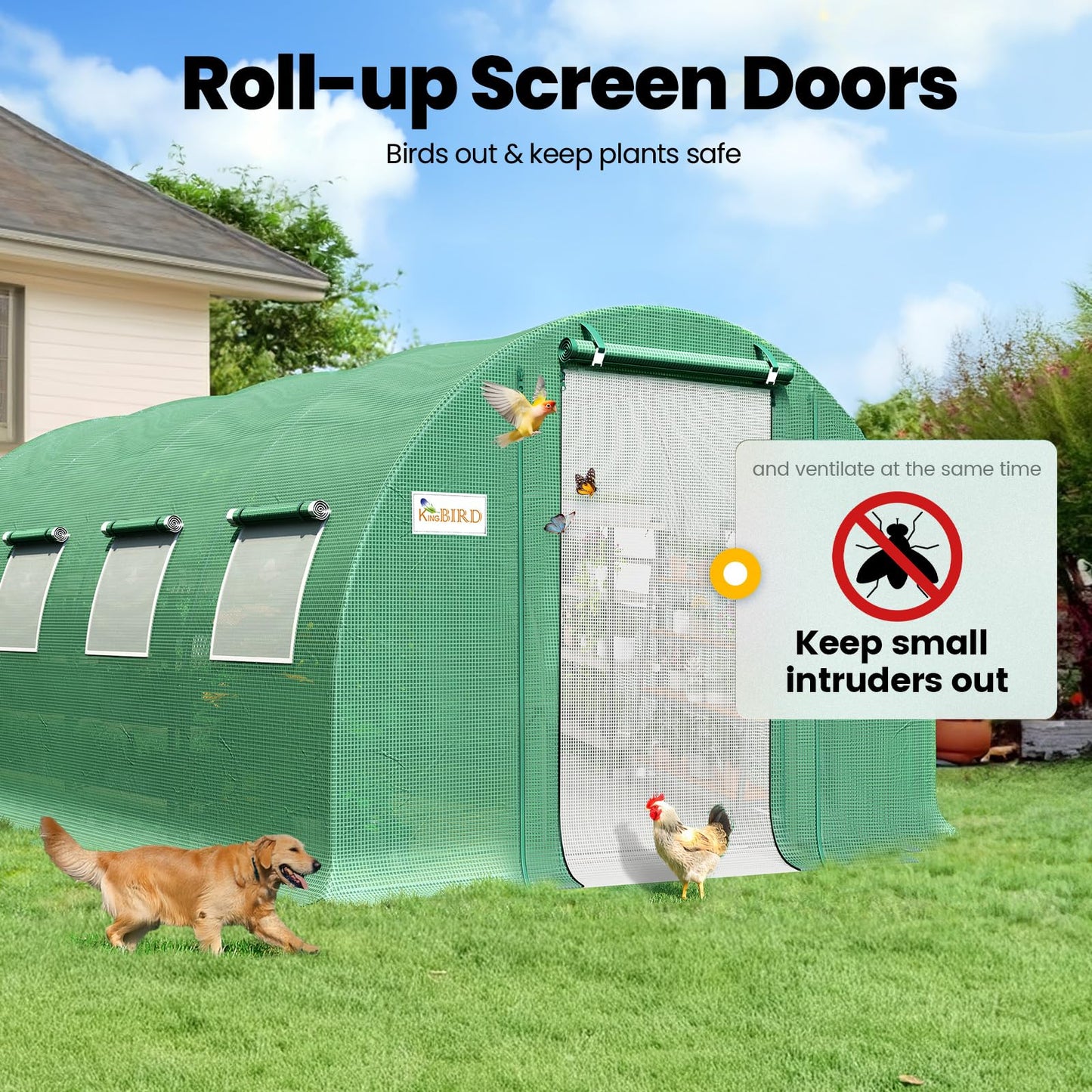 KING BIRD Premium 20x10x6.6FT Greenhouse for Outdoors, Large Walk-in Heavy Duty Galvanized Steel Frame, Mesh Door Screen Window Upgraded Zipper Tunnel Hoop for Garden Plant Winter, Green