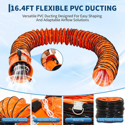 10 Inch Utility Blower Exhaust Fan, Portable Industrial Exhaust Fan with 16.4 ft Flexible Duct Hose, 2000 CFM Low-Noise Air Mover Blower Fan/Extractor/Ventilator for Basements, Workshops, Warehouses