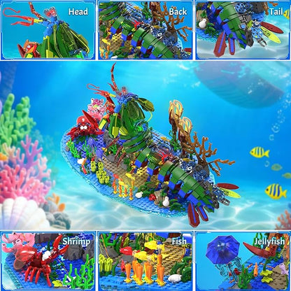 Mechanical Mantis Shrimp Building Block Sets 1843 Pcs Sea Creatures Building Toys with Miniature Undersea Landscape &amp Led Light 18.11x9.45x9.84in DIY Model Kit for Adults Teens 14+