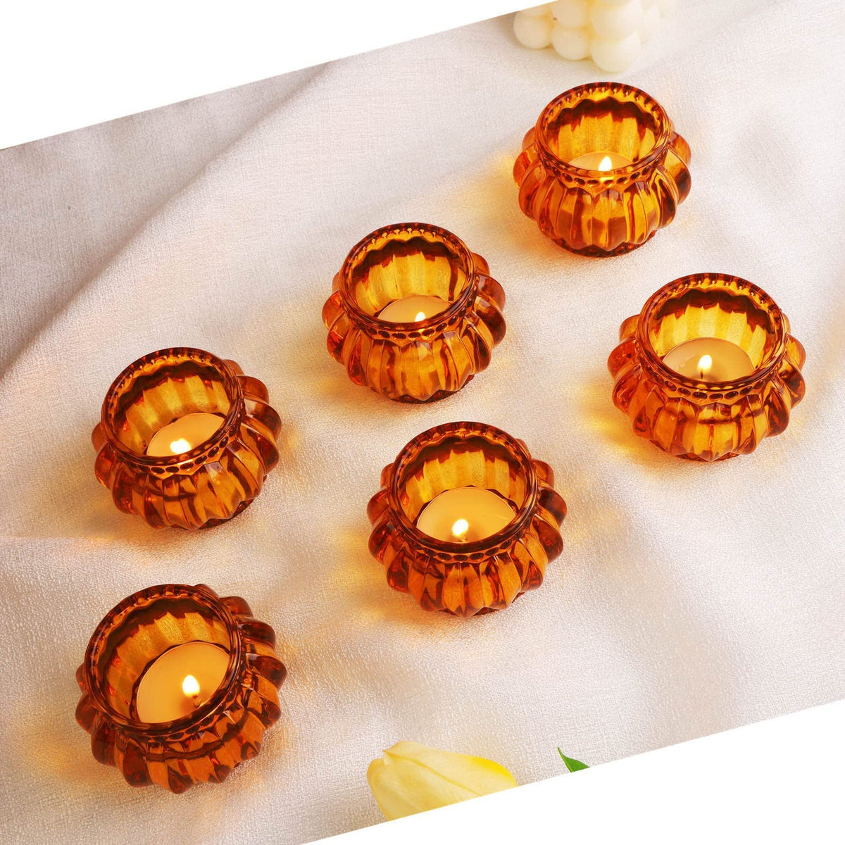 Woho 12pcs Amber Tealight Candle Holder, Glass Tea Lights Candle Holder for Wedding Table Decor, Votive Candle Holders for Birthday Party