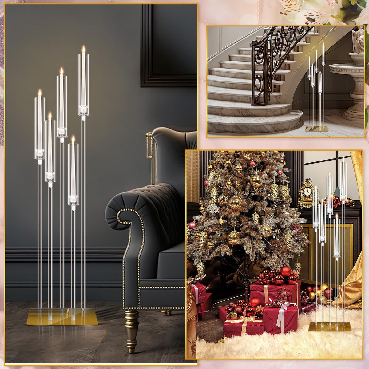 4 Set Floor Candelabra 5 Arm 46.5'' Tall Acrylic Candle Holders Tables Candelabra Centerpieces Wedding Candlestick Set with Clear Lampshade Gold Metal Base for Ceremony Party Home Decoration
