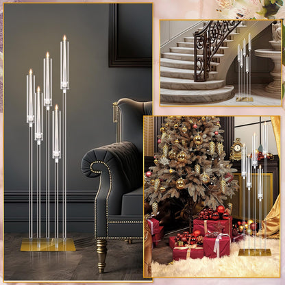 4 Set Floor Candelabra 5 Arm 46.5'' Tall Acrylic Candle Holders Tables Candelabra Centerpieces Wedding Candlestick Set with Clear Lampshade Gold Metal Base for Ceremony Party Home Decoration