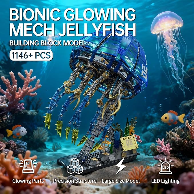 Biomimetic Mechanical Jellyfish Building Block Set – Gear-Driven Ocean Creature Model with Moving Tentacles and Display Base