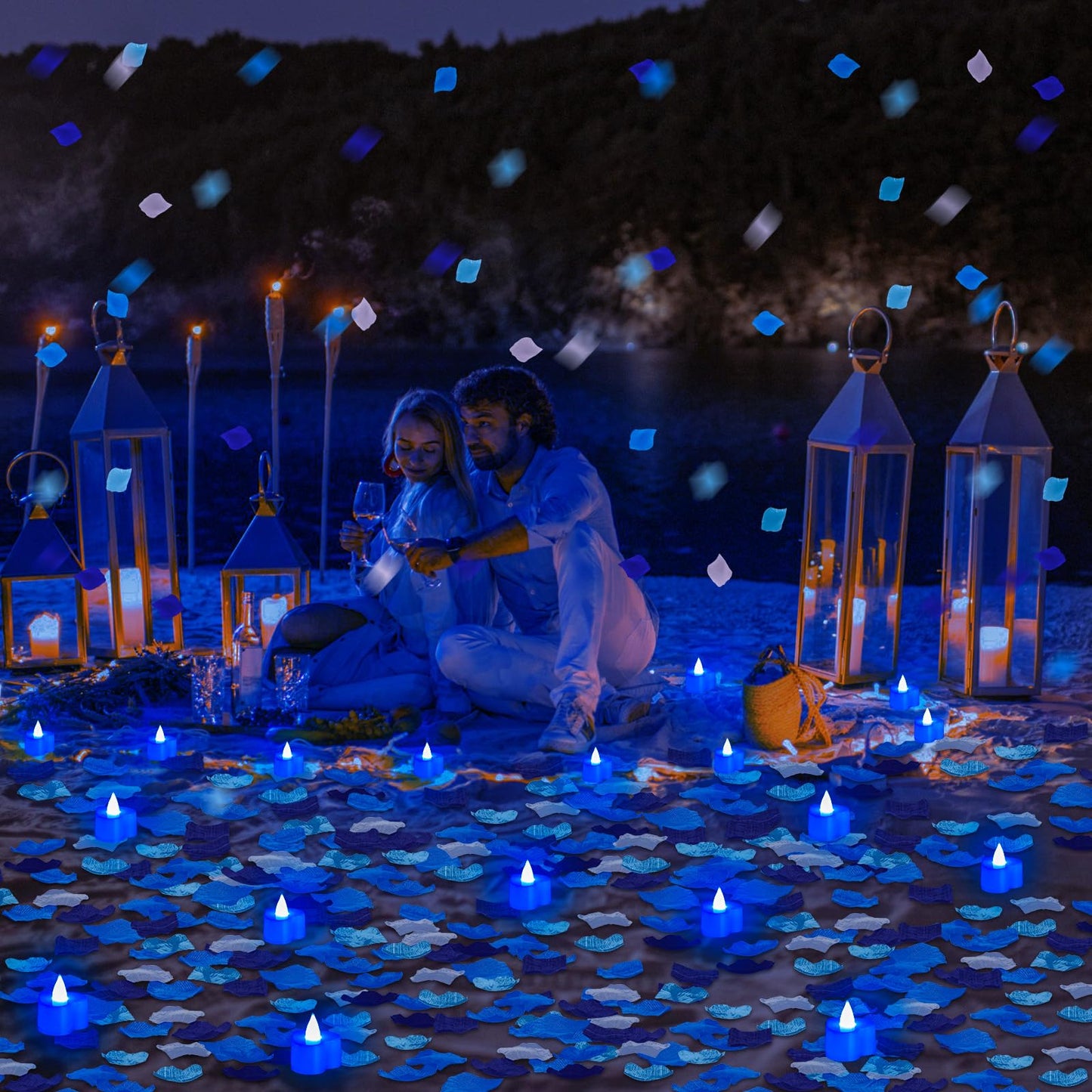 Coume 6000 Pieces Artificial Rose Petal 72 Pieces LED Tealights Candle, Romantic Decorations Special Night Rose Petal Heart Candle for Valentines Wedding Anniversary Proposal Decor(Cute Blue Light)