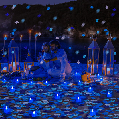 Coume 6000 Pieces Artificial Rose Petal 72 Pieces LED Tealights Candle, Romantic Decorations Special Night Rose Petal Heart Candle for Valentines Wedding Anniversary Proposal Decor(Cute Blue Light)