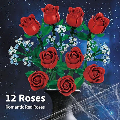 Red Rose Bouquet Building Set 649 PCS 9 Red Roses Compatible with Lego DIY Artificial Flowers Building Blocks Creative Home Décor &amp Gift for Halloween &amp Valentines Wedding Anniversary