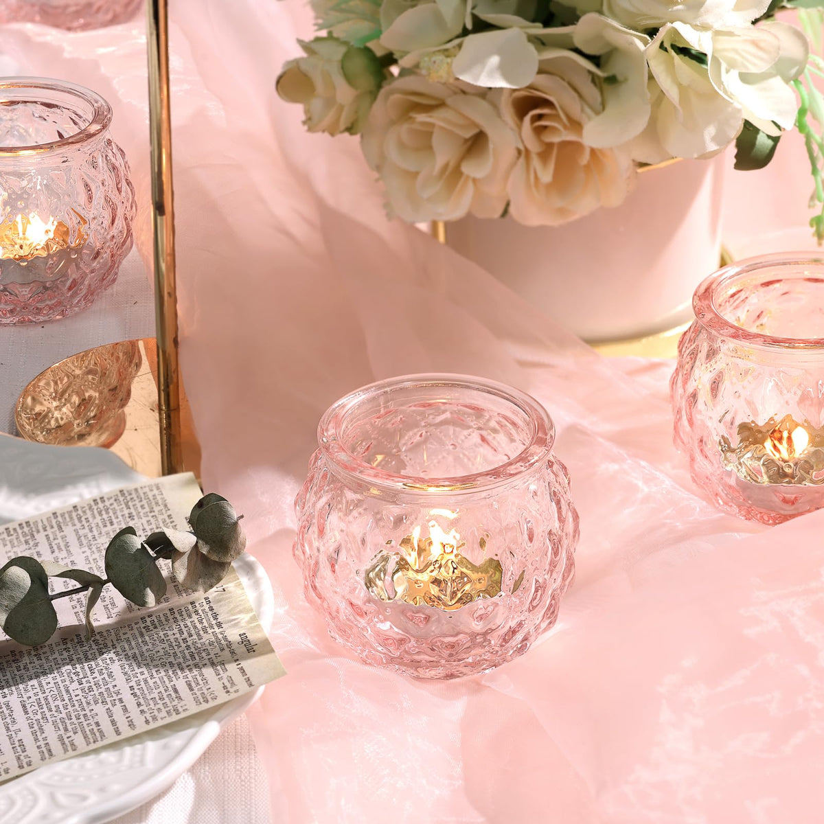 DARJEN 48Pcs Pink Votive Candle Holders- Round Candle Holders Bulk for Flameless LED Tea Waxes, Romantic Candle Holder for Wedding & Home Table Decor, Various Parties