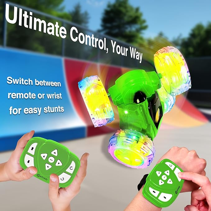 Contixo SC3 RC Stunt Car Green 2.4GHz 4WD Double-Sided 360° Rotating flip Racer Remote Control Toy Cars with LED Lights for Kids Girls Boys Age 4-12 Birthday Gift
