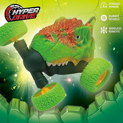 Hyper Drive RC Dinosaur Stunt Car - 360 Rolling Twister Light-Up Action Durable Remote-Control Toy for Boys and Girls Full-Function with Hand Controller Green