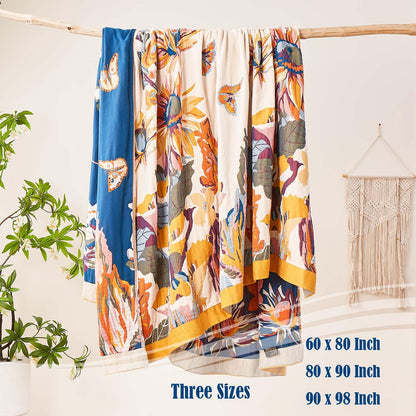 XIBLC Boho Throw Blanket, 100% Cotton Ultra Soft Luxury Throw Rustic Quilt, 50"x60" Floral Bird Butterfly Farmhouse Decor Bed Blankets, All Season Rustic Reversible Bohemian Throw for Bed - Yellow