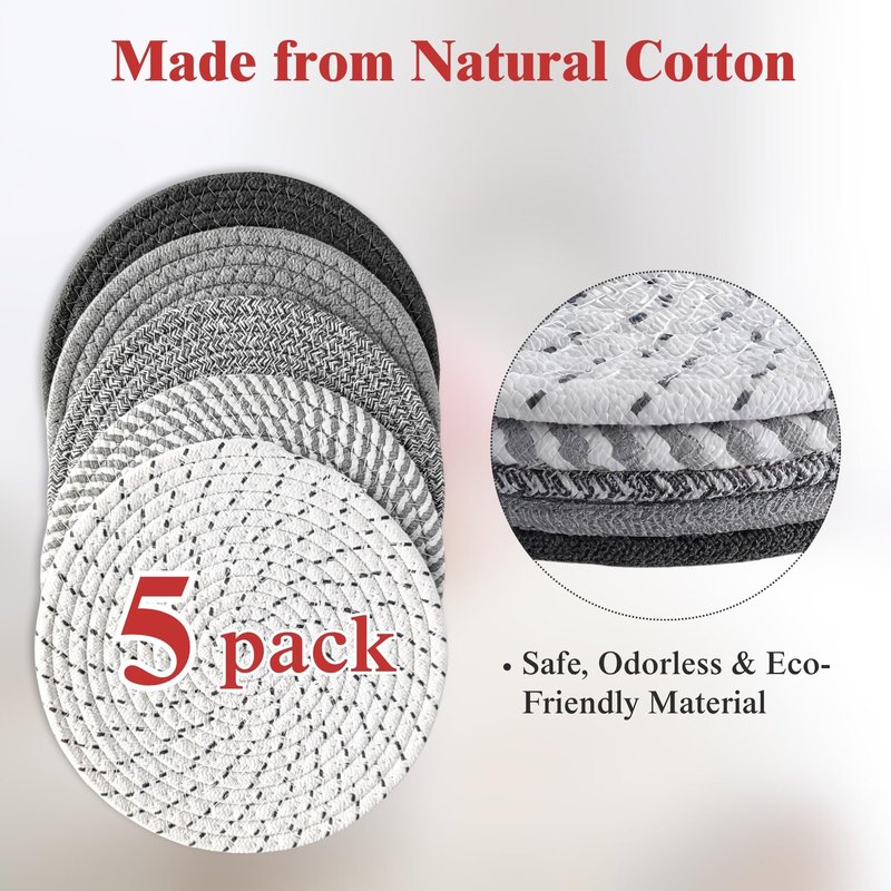 CATIFLIN 8 Inch Heat Resistant Trivets for Hot Dishes, 5-Pack Cotton Woven Pot Holders & Hot Pads Set – Kitchen Countertop & Table Protector, Home Essentials Decor