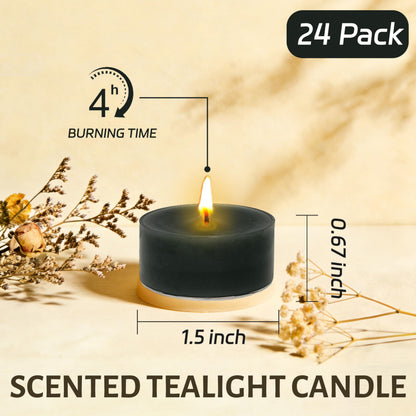 Sandalwood Scented Tea Light Candles 24 Pack Black Hand Poured Smokeless 4 Hours Clean Burning Small Round Clear Cups Tealight Candles for Romantic Dinners Wedding Centerpieces Cozy Evenings