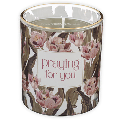 Christian Art Gifts Praying for You Scented Candle: Soy Wax, Pure Essential Oils, Palo Santo & Thyme Scent, Floral Design Glass Jar, Encouragement Gift for Women, 40 Hours Burn Time