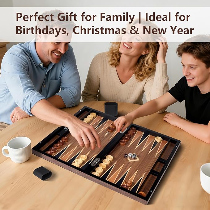 Wood Backgammon Set for Adults – 15 Inch Classic Board Game Case - Premium Folding Backgammon Set with Oversize Wooden Playing Pieces Dices - Portable Travel Backgammon Game Set for Adults