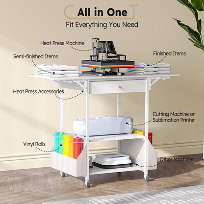 Crafit Extra Large Heat Press Table 2 Pack, Heat Press Stand Desk Cart with Vinyl Storage, Heavy Duty Metal Workbench for DIY Sublimation, T-Shirts Caps Mug & Tumbler Heat Transfer Projects