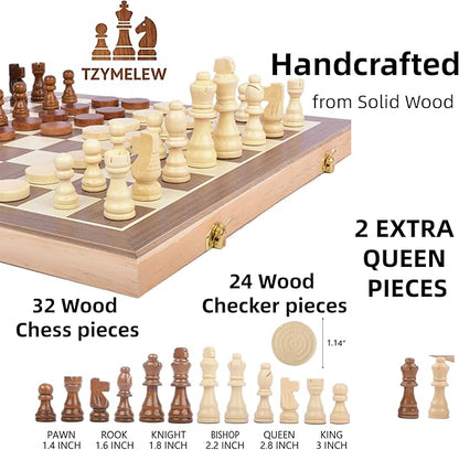 Wooden Magnetic Chess Set 15 – Foldable Board with Storage &amp Checkers Classic Family Game for Kids &amp Adults Perfect for Travel and Gifting