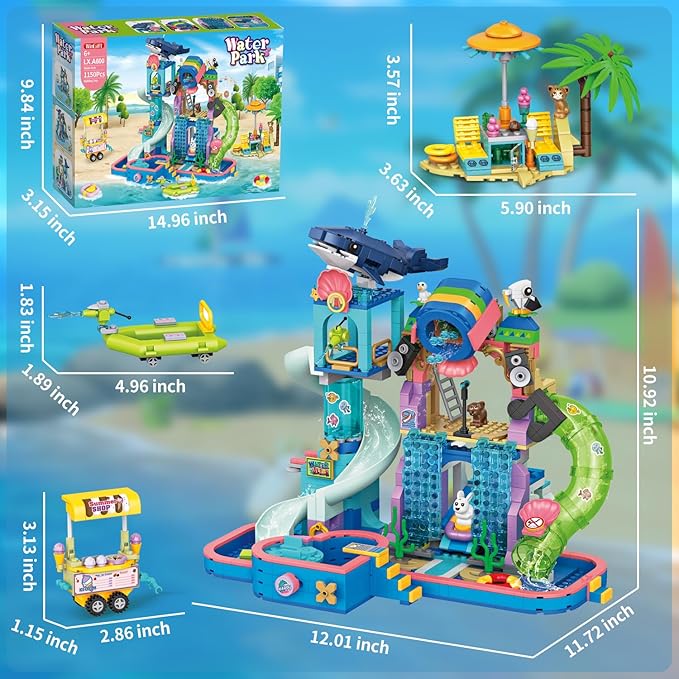 1150Pcs Friends Water Park Building Set STEM Summer Fun Party Toy with Swimming Pool SlidesWater CanonsDiving PlatformAnimal Pretend Play Kit for kids Birthday Gifts for Girls Ages 6-12+