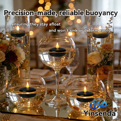 Yinsenda 12 Pack Black Floating Candles - 3 Inch Unscented Round Candles, 7-9 Hrs Long Burning for Cylinder Vases, Wedding Centerpieces, Parties & Bath Décor