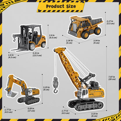 4 PCS RC Construction Vehicles Set with Mini Excavator dump truck Forklift and crane USB Charge Real Lights & Sounds and Movable Parts & Traffic Sign Simulate True Scale Birthday Gifts for Kids Adults