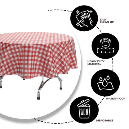 Exquisite Picnic Table Cover - 12 Pack Premium Round Tablecloth - Red & White Checkered BBQ Plastic Table Cover - Gingham Checkerboard Disposable Plastic Tablecloth 84 inch. Round