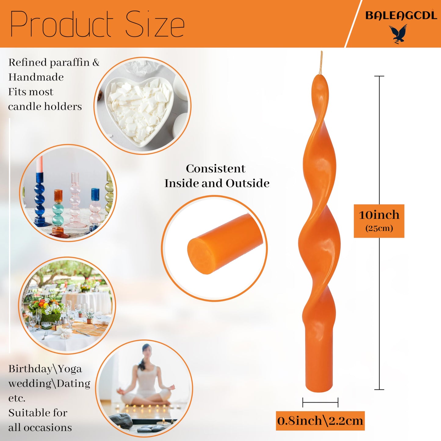 Smokeless Orange Spiral Taper Candle Unscented Taper Candlesticks Handmade 10 Inch Long Twisted Candles for Wedding Home Decor Women Gift