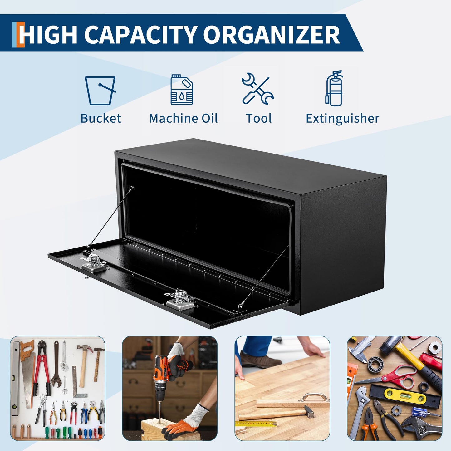 Black Steel Underbody Truck Box,60"×18"×18" Pickup Storage Box, Heavy Duty Diamond Plate Tool Box with Lock and Keys, Waterproof Trailer Storage Box with T-Handle Latch for Truck, Van, Trailer