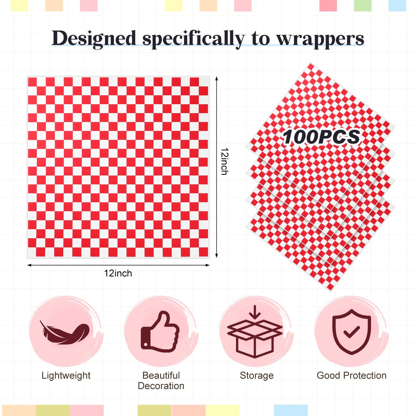 Patelai 30 Pcs Fast Food Baskets with 100 Sheets Red Checkered Deli Liners, 10.5" x 6.7" Red Burger Baskets 100 Pcs Clear Bags with Tie, Restaurant Serving Basket Sets for Burgers Fries Hot Dogs Bread