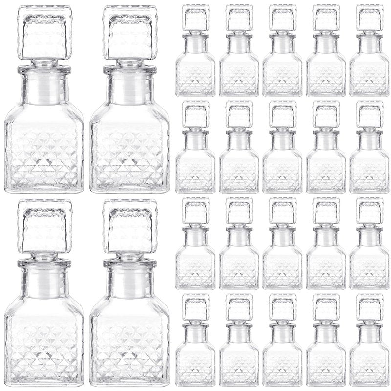 Chuangdi 24 Pcs Mini Glass Wine Bottles 1.7oz Glass Patron Bottles with Stopper Decorative Tequila Bottle for Whiskey Vanilla Extract Champagne Wedding Baby Shower Party Favors(Square Style)
