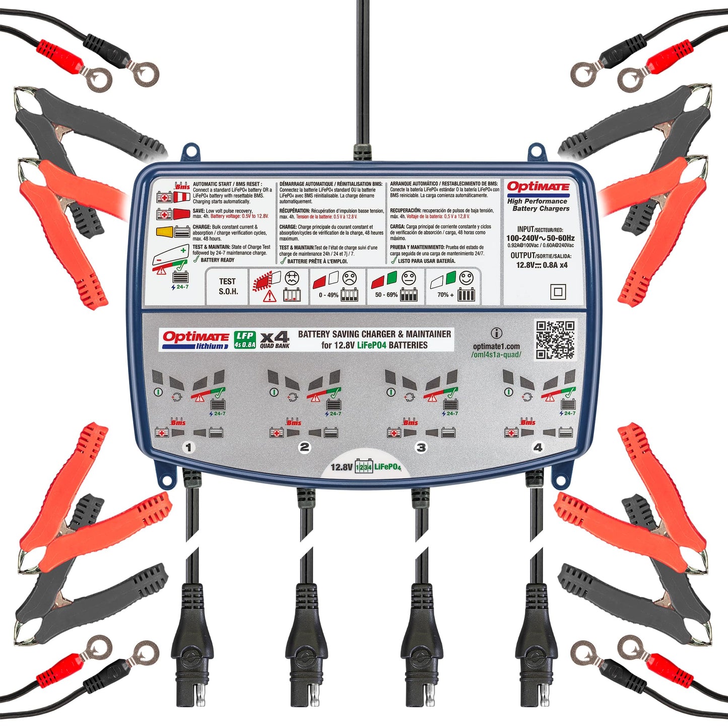 OptiMate Lithium 4s 0.8A Quad Bank, TM485, 8-Step 4x12.8V 0.8A Lithium Expert Battery Saving Charger & Maintainer
