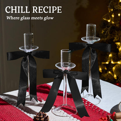 CHILL RECIPE Bow Candle Holder Glass Taper Candlestick Holders with Built-in Candle Drip Protectors Bows Decor for Table Centerpiece Wedding Party Halloween(Black)