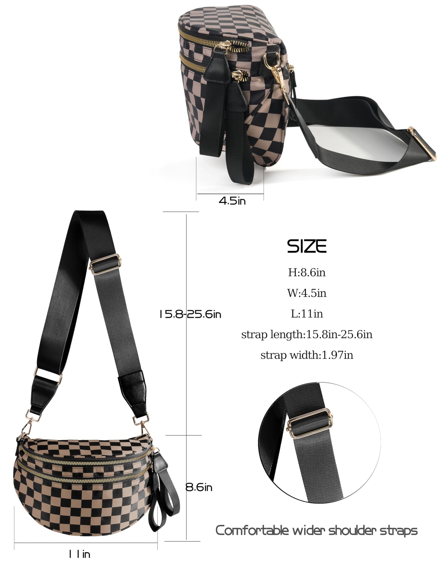 Spacious Checkered Nylon Crossbody Bag Bum Bag Checkered Handbags Wallets for Women